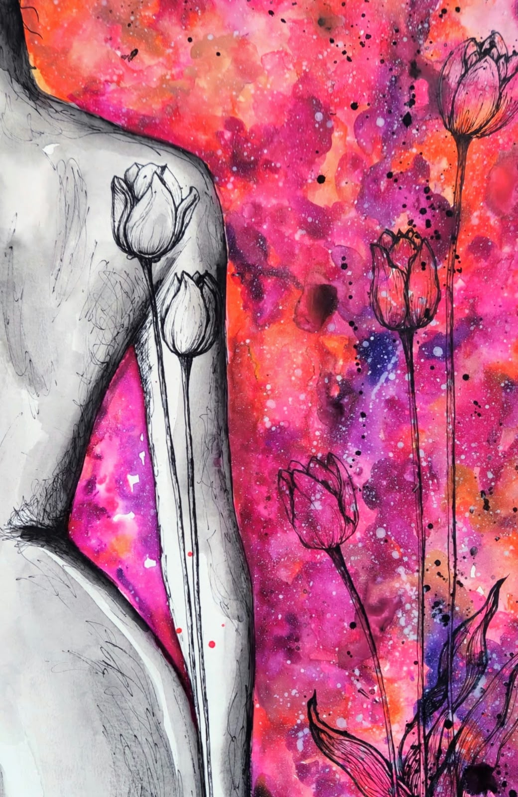 Desenho de figura e flores sobre cores intensas