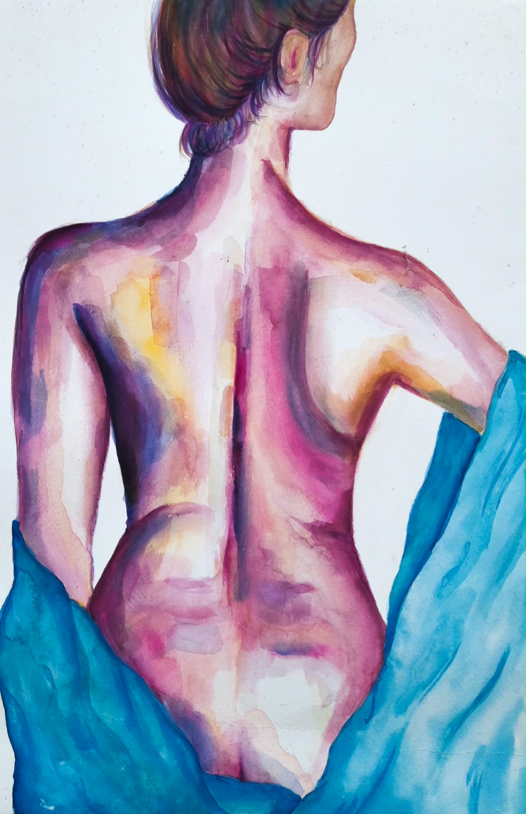 Aquarela de figura de costas com tecido azul