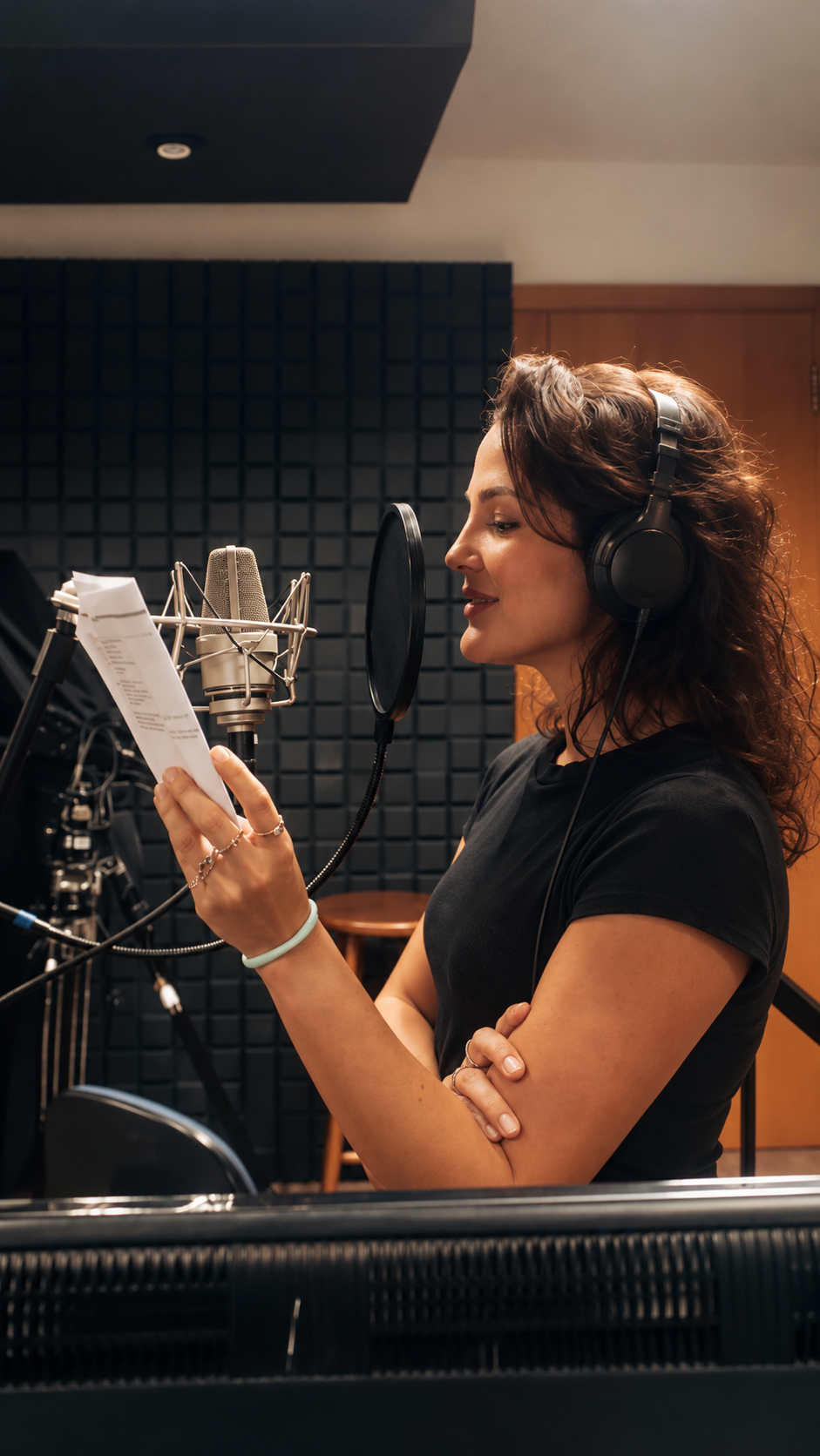 Composição visual de Juliane em um estúdio de locução